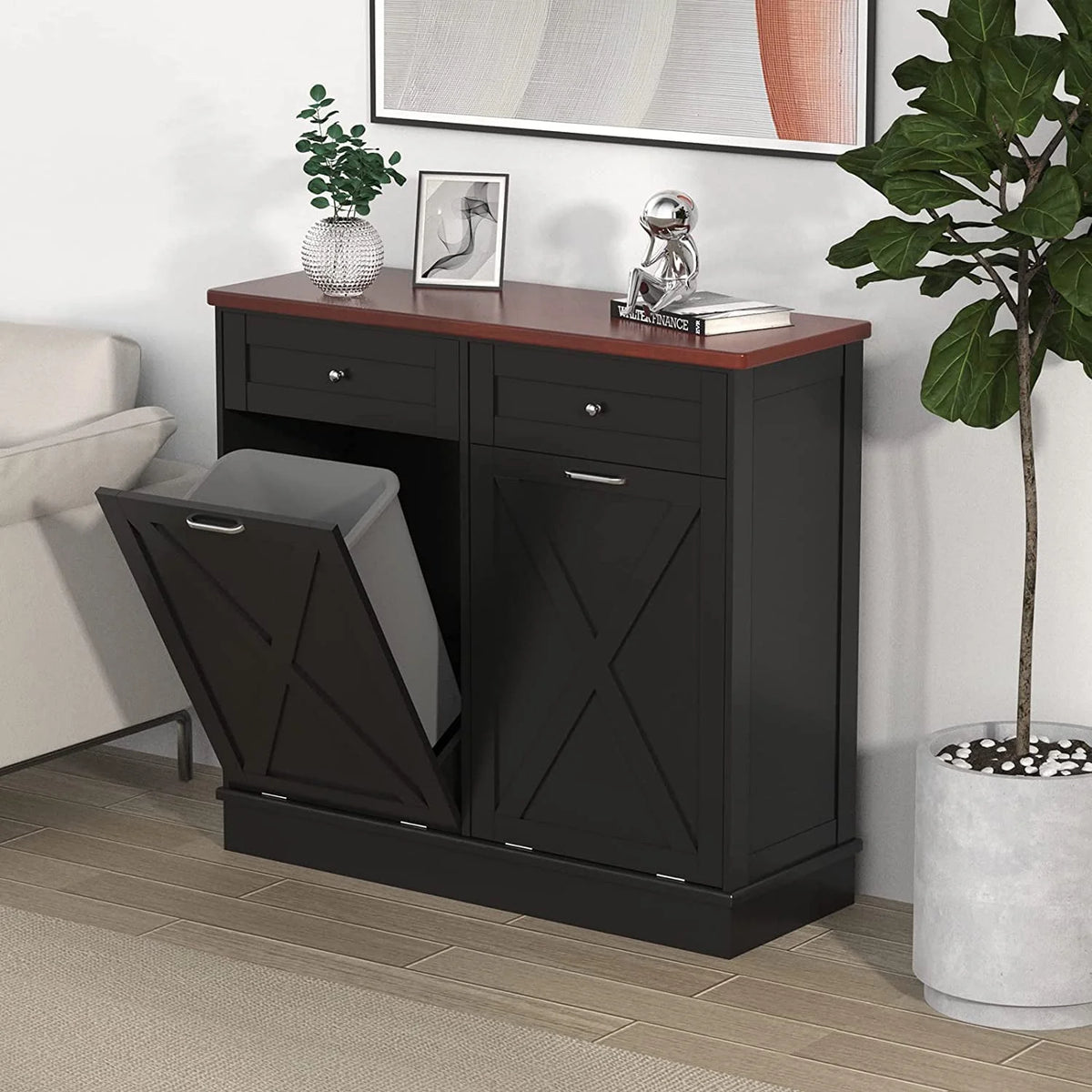 Tolead Double Tilt Out Trash Cabinet, Wooden Free Standing Laundry Sorter Cabinet, with Hideaway Drawer, White