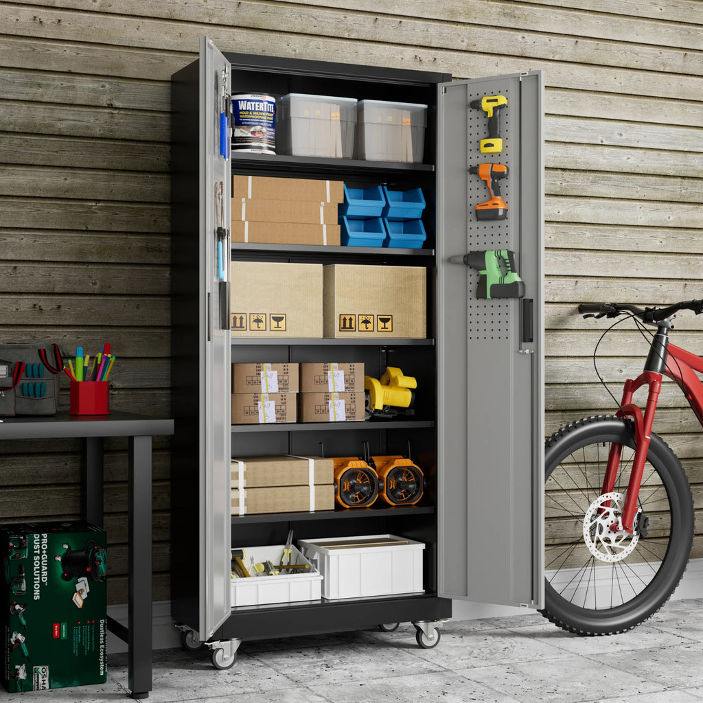 GangMei 71 inches Tall Metal Rolling Garage Storage Cabinets with Locking Doors and 5 Adjustable Shelves, Metal Storage Cabinet for Garage, Office, Home, Classroom, Assemble Required(Black)