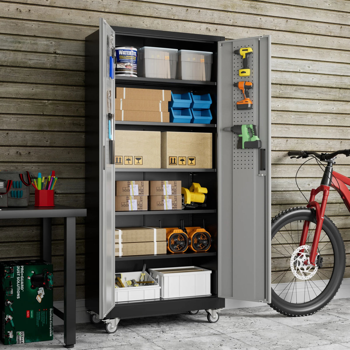 GangMei 71 inches Tall Metal Rolling Garage Storage Cabinets with Locking Doors and 5 Adjustable Shelves, Metal Storage Cabinet for Garage, Office, Home, Classroom, Assemble Required(Black)