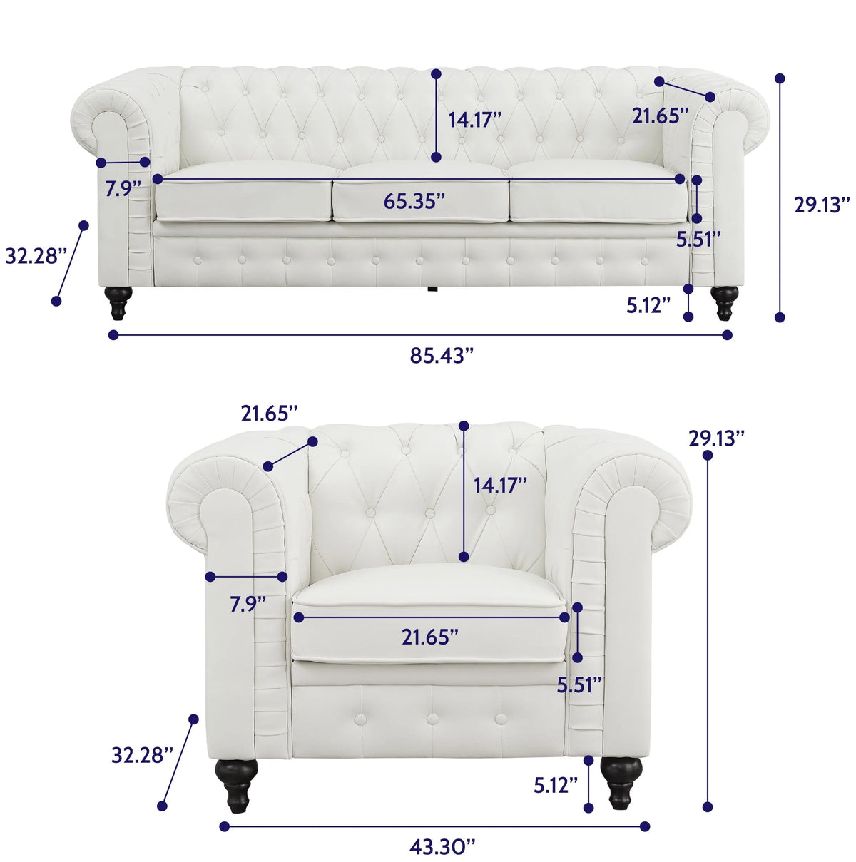 Naomi Home Emery Chesterfield Sofa & Accent Chair with Rolled Arms, Tufted Cushions, White