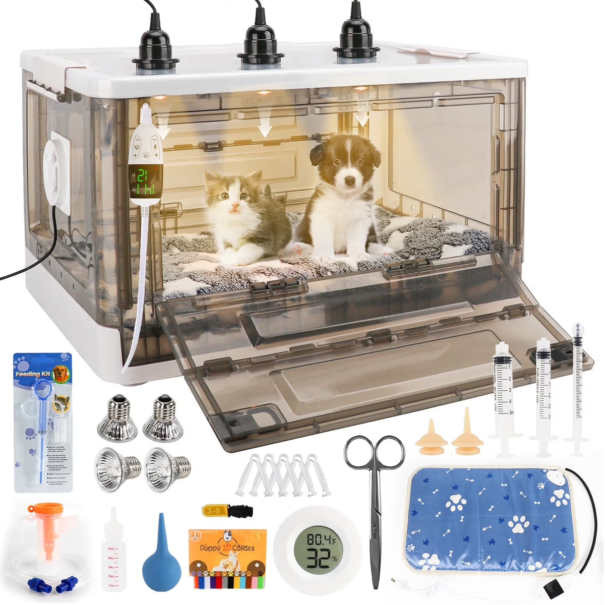HKDQ Puppy Incubator with Heating - 2025 New Puppy Incubator, Temperature Control & Quiet Ventilation, Kitten Incubator, Incubator for Puppies with 3Heat Lamp (85L)