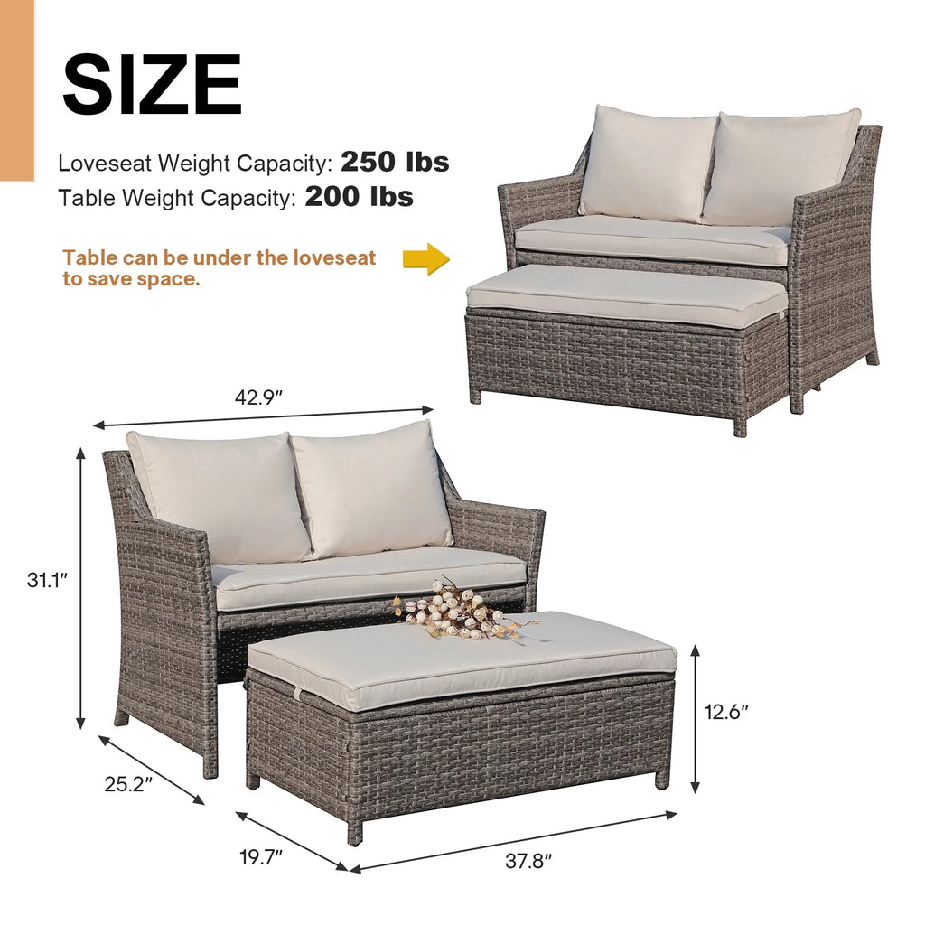 Outdoor Wicker Love Seat and Coffee Table Set, Weather Resistant Grey Rattan, Patio Furniture with Gray Cushions & Storage Bin