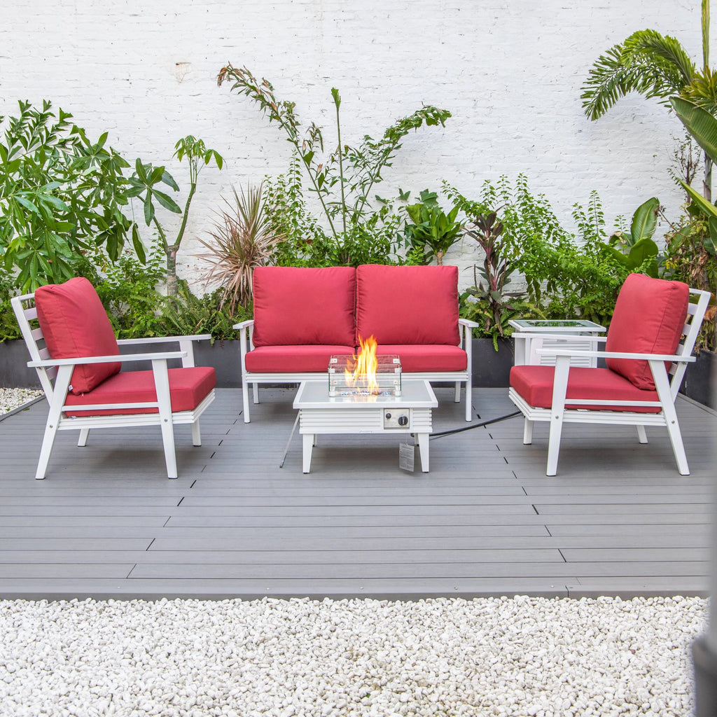 LeisureMod Walbrooke Modern Aluminum 5-Piece Patio Conversation Set with Outdoor Square Fire Pit Table with Slats Design & Side Table Tank Holder (Green)