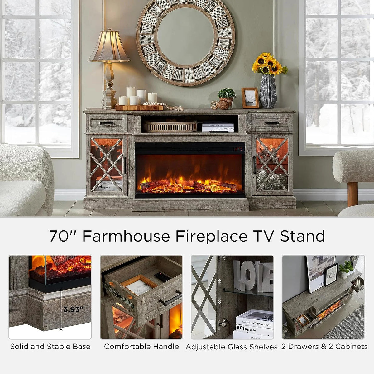 OKD Farmhouse 3-Sided Fireplace TV Stand for 80" TVs, 70" Entertainment Center with Electric Fireplace and Storage Drawers, Antique White