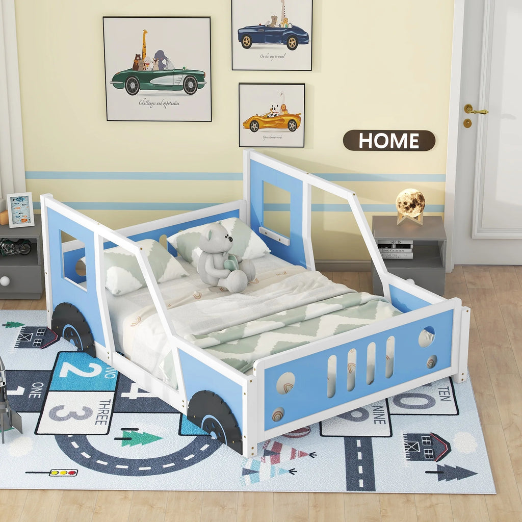 Euroco Car-Shaped Full Size Wood Platform Bed for Kids�� Bedroom, Solid Car Bed for Kids Gift, Low Profile, Blue