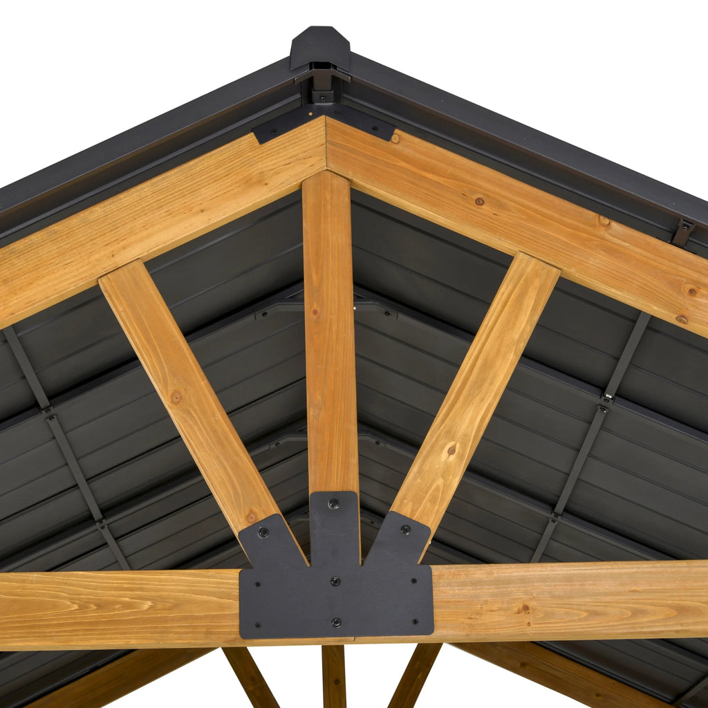 Outsunny 11x13 Hardtop Gazebo with Wooden Frame, Permanent Metal Roof Gazebo Canopy with Ceiling Hook for Garden, Patio, Backyard