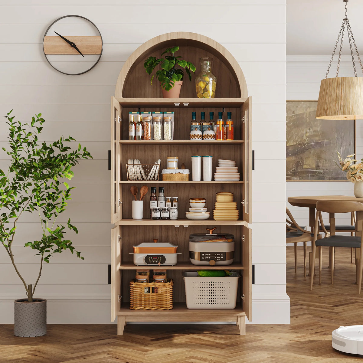 VEANERWOOD 71" Tall Arch Cabinet, Wood Fluted Kitchen Kitchen Storage Cabinet with 4 Doors and 6 Shelves for Dining Room Living Room