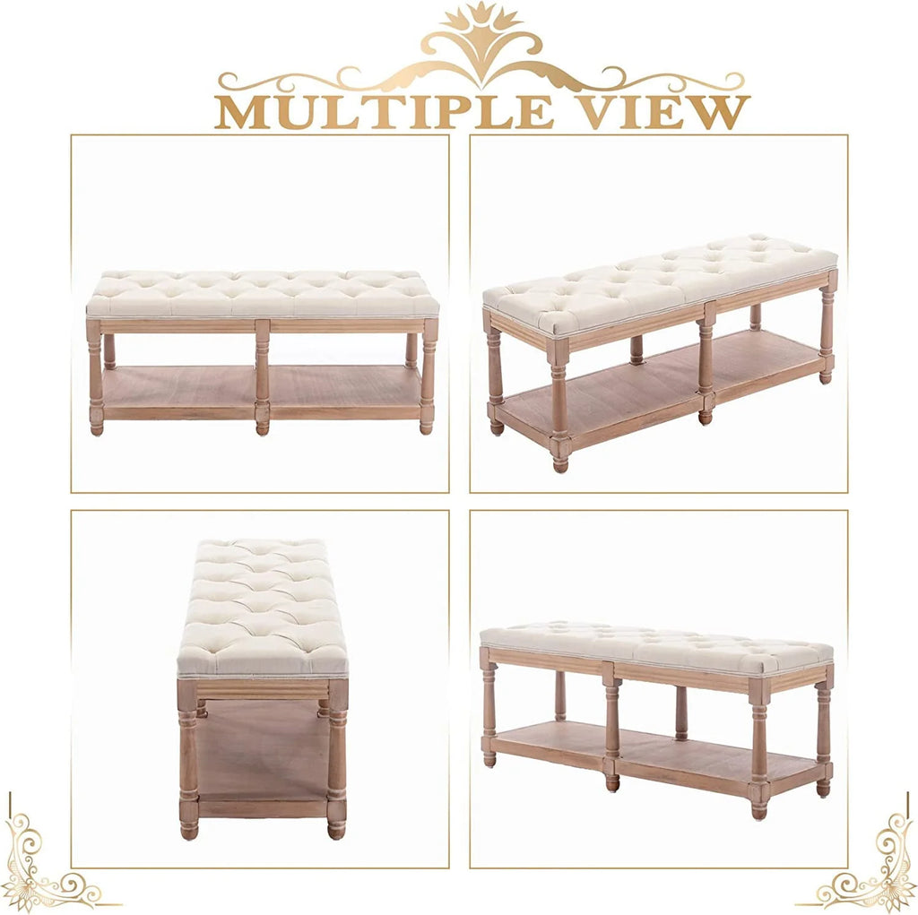 Bonzy Home Upholstered Tufted Storage Bench, 47”French Vintage Entryway Bench & Dining Bench, Fabric End of Bed Bench for Bedroom Living Room Hallway, Beige