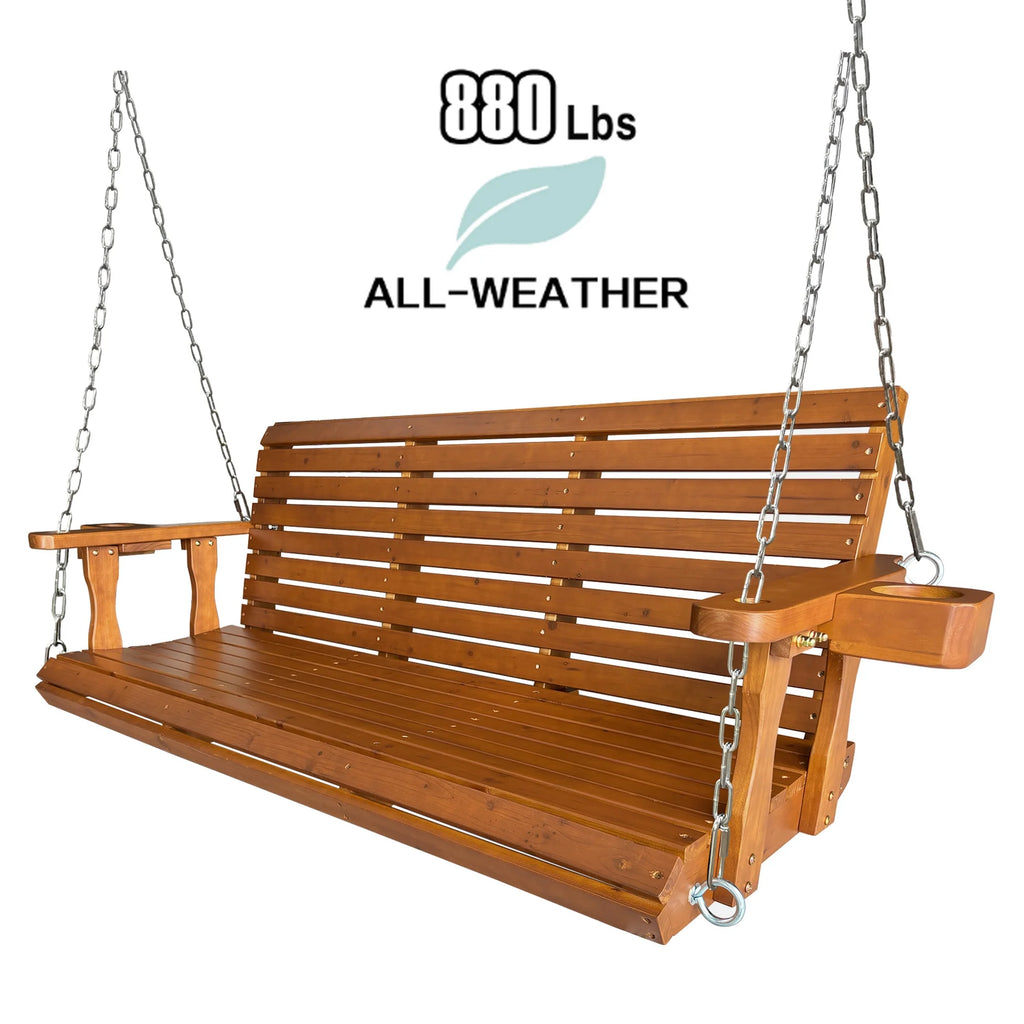 Fortune Candy 3 Person Outdoor Wood Hanging Swing, Heavy Duty 880 lbs Wood Porch Swing, Brown-5ft