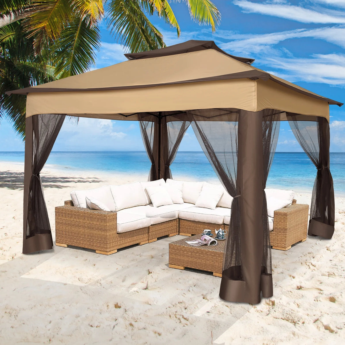 COBIZI 12x12 Outdoor Gazebo Pop Up Gazebo Canopy with Mosquito Netting Patio Tent Backyard Canopy with 2-Tiered Vented Top 3 Adjustable Height, Beige