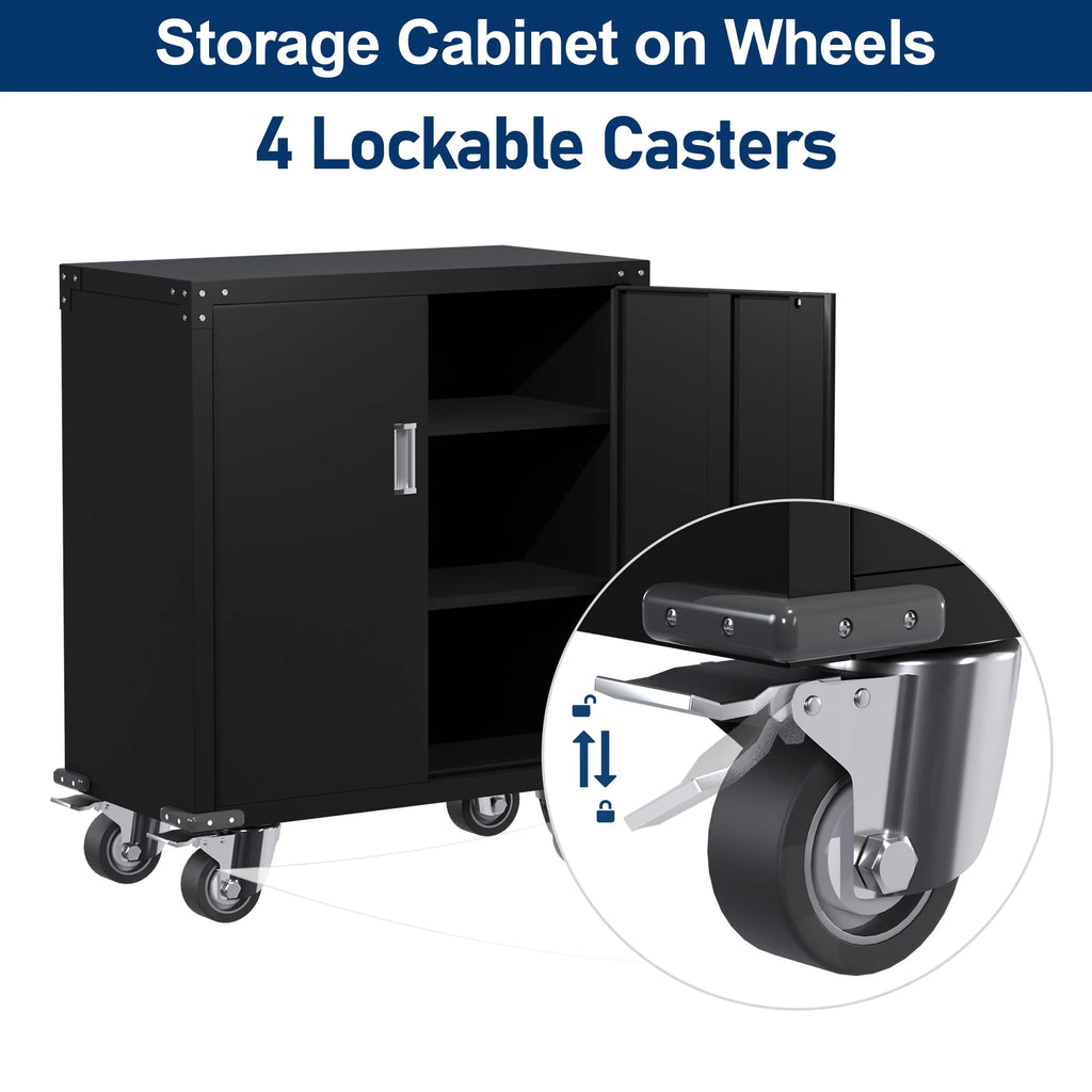 Aobabo Metal Storage Cabinet with Lock,Garage Storage Cabinet with Wheels,72In Steel Storage Cabinet for Garage Home Storage, Black Required-Assembly