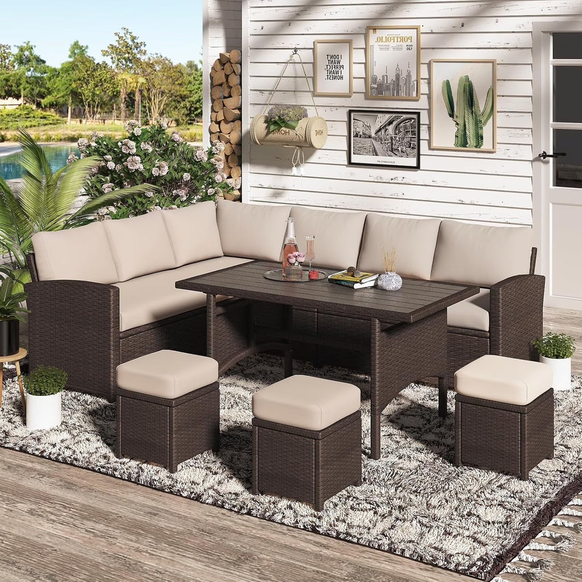 AECOJOY 7 Piece Patio Furniture Set PE Rattan Outdoor Dining Set Sectional Sofa Couch with Table Patio Conversation Set in Gray