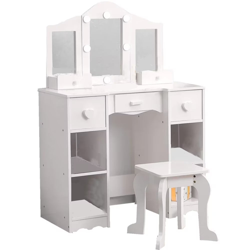 Zzistar Kids Vanity Table Set with Light, Tri-Folding Mirror, 5 Drawers and Square Stool, Wood Makeup Desk Dressing Table with Open Storage Shelves and Detachable Top