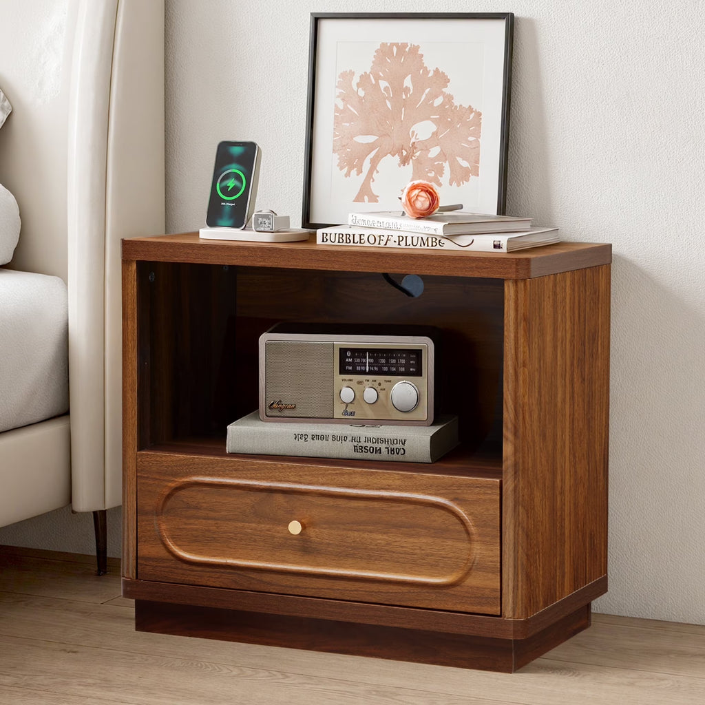 YOCWO 3 Drawer Nightstand, Classic Chest of Drawers with Arc Edge, Walnut