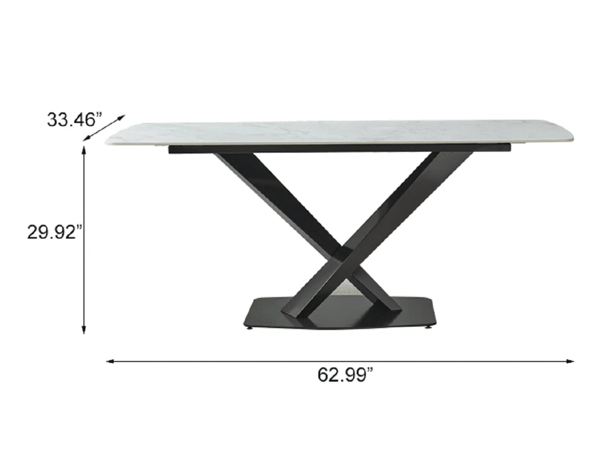 Leavader 63" White Stone Dining Table Set with Black Carbon Steel Base with 6 Dining Chairs