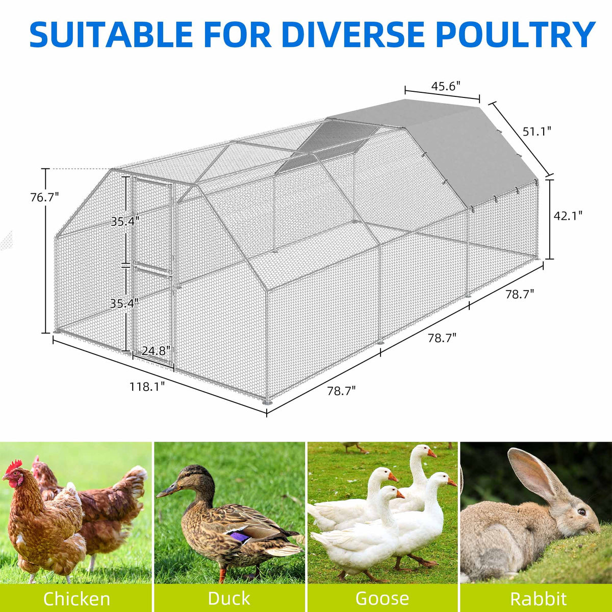 Uforic Chicken Run Coop 19.1 x 9.8 x 6.4 ft  Large Metal Chicken Coop, Walk-in Hen Cage, Outdoor Poultry Cage with Waterproof Cover and Wire Mesh for Backyard,Yard Outdoor
