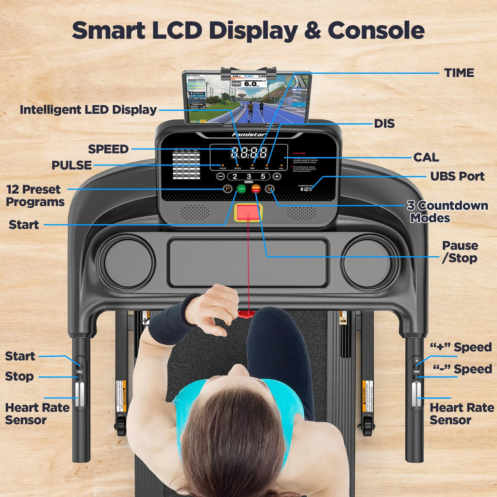 Treadmill 300 LB Capacity for Home with Incline, Folding Electric Running Walking Treadmill, Portable Treadmill for Home Use, 7.5 MPH, Smart Apps, 64+7 Programs, Bluetooth Speakers