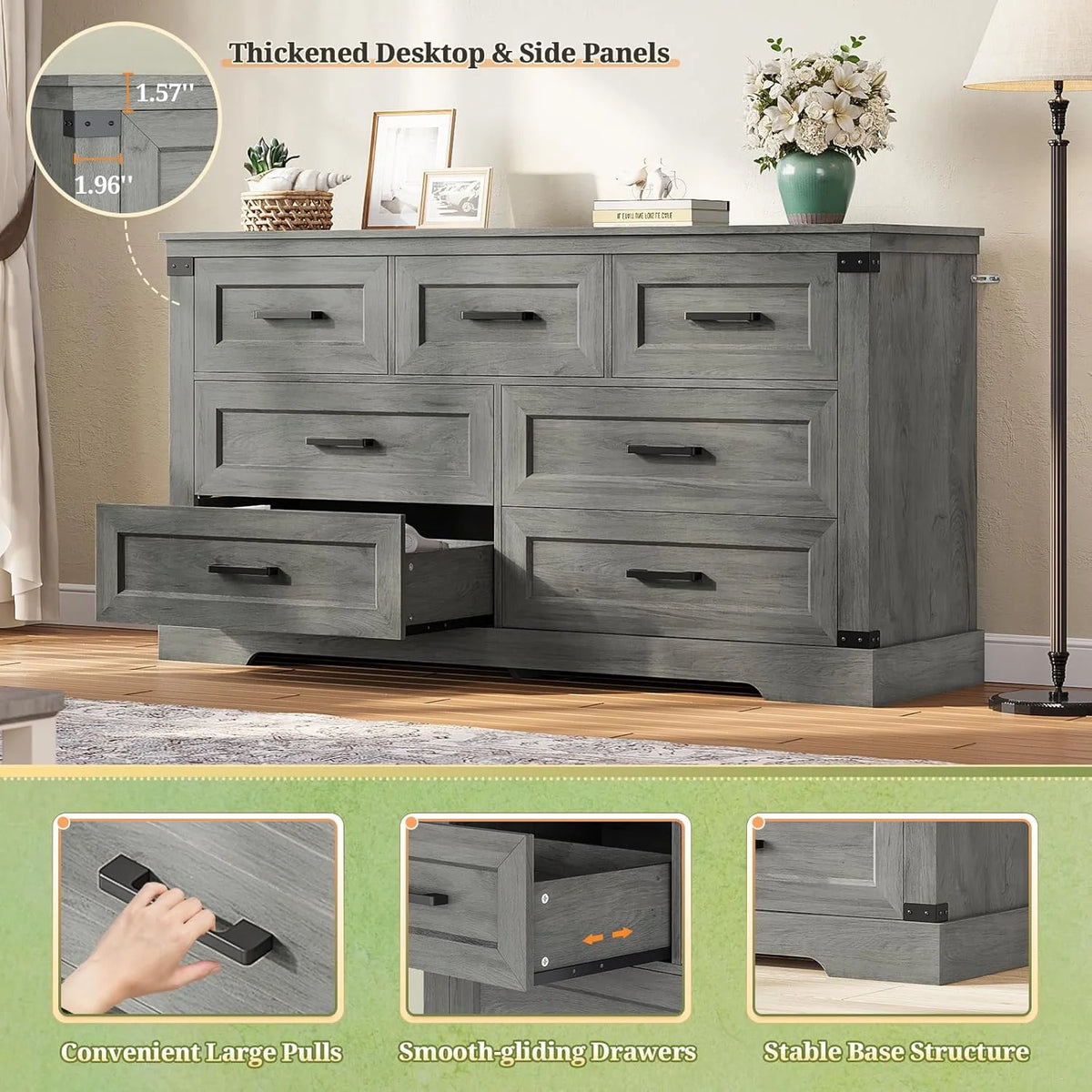 Aunfebrco Black Dresser for Bedroom Farmhouse 7 Drawers Dresser & Chest of Drawers with Thick Styling, Large Clothing Storage Organizer for Living Room
