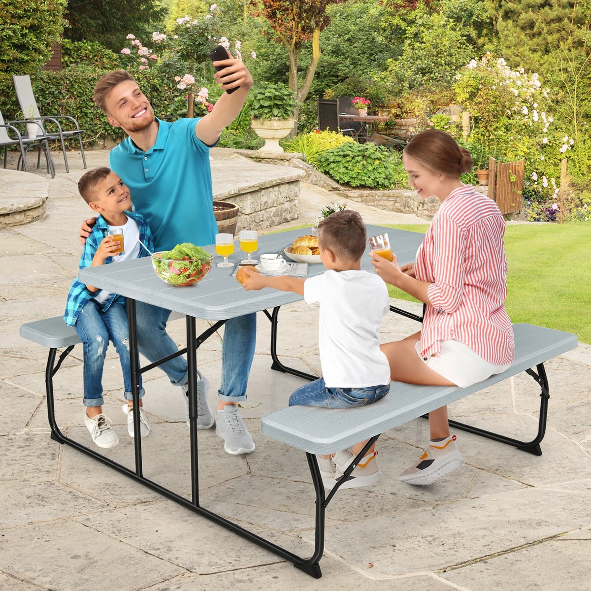 Gymax Folding Picnic Table & Bench Set for Camping BBQ w/ Steel Frame Grey