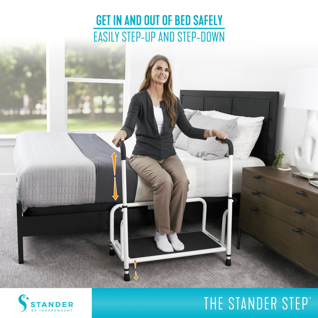 Stander Step Stool, Bed Step with Adjustable Hand Rails for Seniors and Elderly Adults, Extra Wide Heavy Duty Step Ladder, Stepping Stool with Grab Bars and Motion Activated Light, White