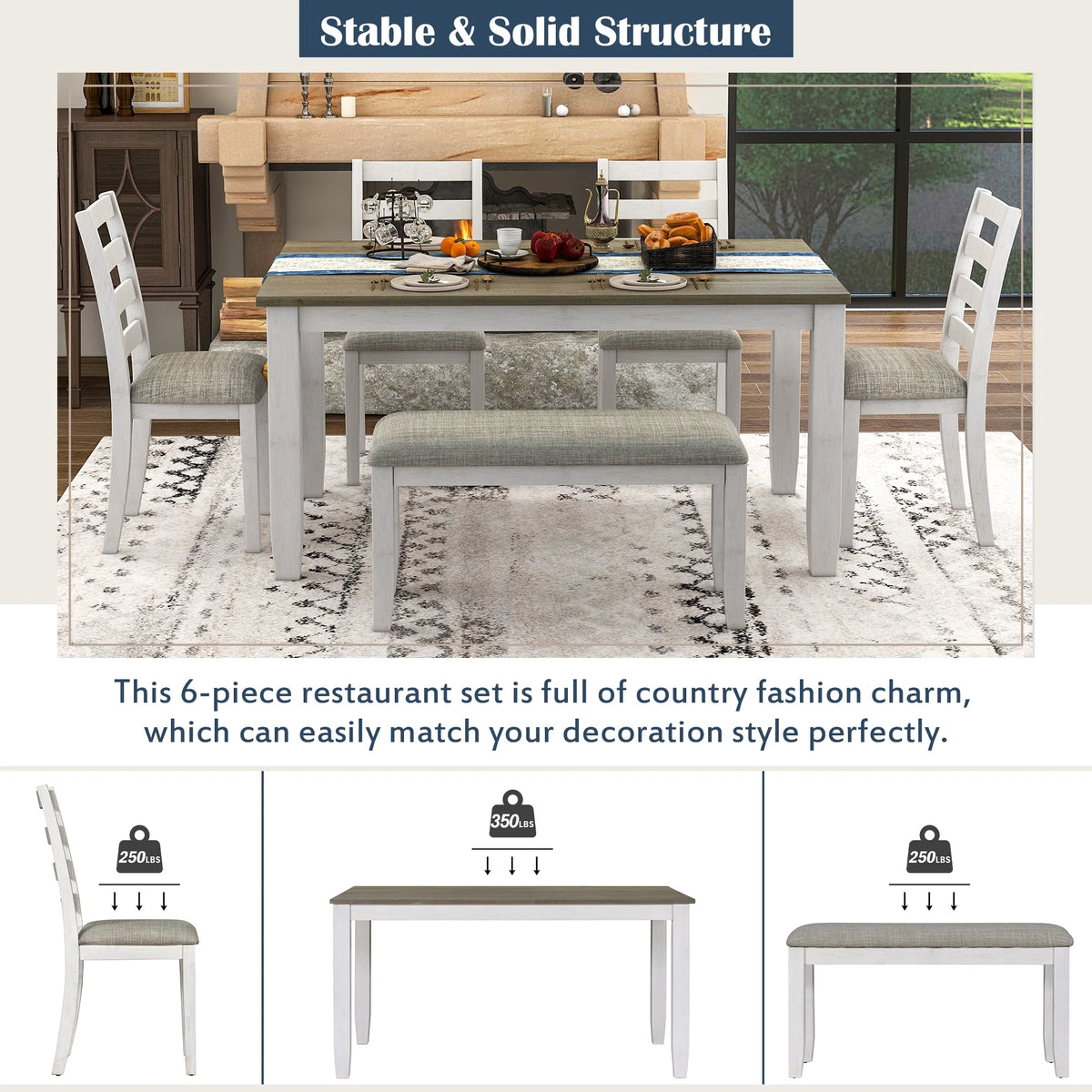 Rustic Dining table Set for 6, Wooden Rectangular Kitchen Dining Table with 4 Upholstered Dining Chairs and 1 Padded Bench, Dining Set with 4 Chairs, Dining Set for 6, Brown+Whitewash