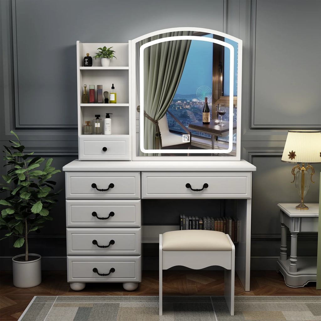 Montary Modern Mini Vanity w/Adjustable LED Mirror + Hidden Storage, Padded Stool & Dustproof Shelves (White)