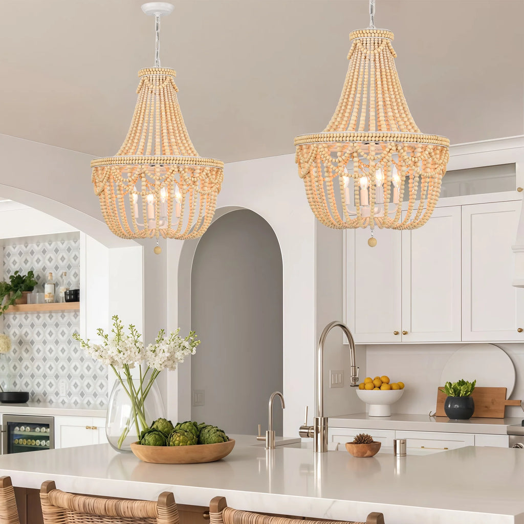 Boho Wood Bead Chandelier 4-Light Rustic Farmhouse Pendant Light for Dining Room or Kitchen Island