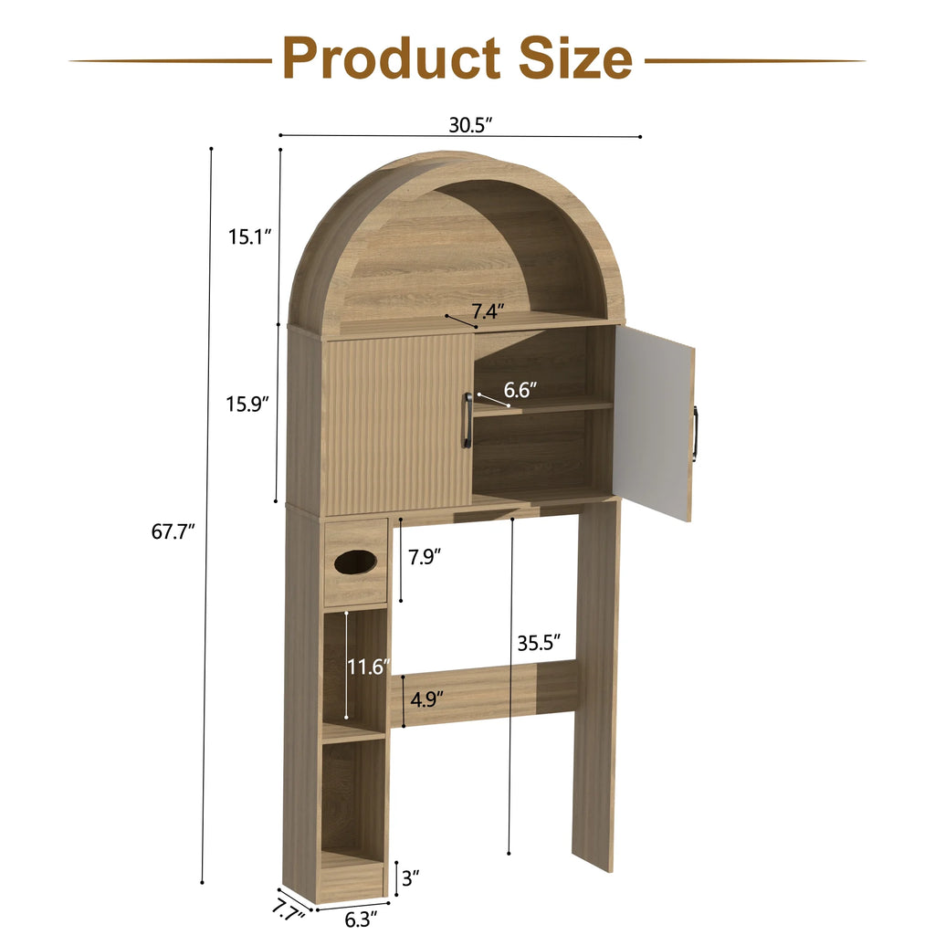 HARIPUL Over The Toilet Storage Cabinet w/ Unique Wood Grain & Arc Design, Freestanding Bathroom Shelf Organizer Space Saver w/ Doors & Anti-Tip Device, Wood Color