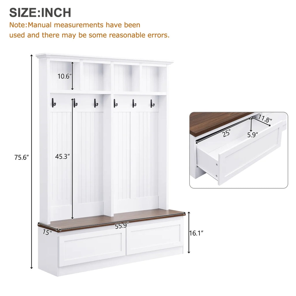 Farmhouse  4-in-1 Hall Tree with Wood Grain Bench, Mudroom Versatile Coat Rack with 2 Large Drawers, Large Entrance Organizer with 6 Black Hooks for Hallway, Living Room, White, 55.9"Wx75.6"H