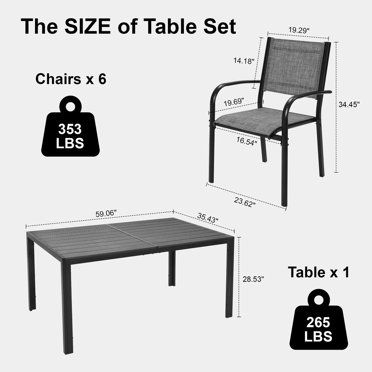 Seizeen 7-Piece Outdoor Table and Chairs, Patio Table Set with 6 Rattan Chairs, All-weather Outdoor Patio Dining Sets Rectangular Metal Table with Acacia Wood Top, Umbrella Hole, Gray