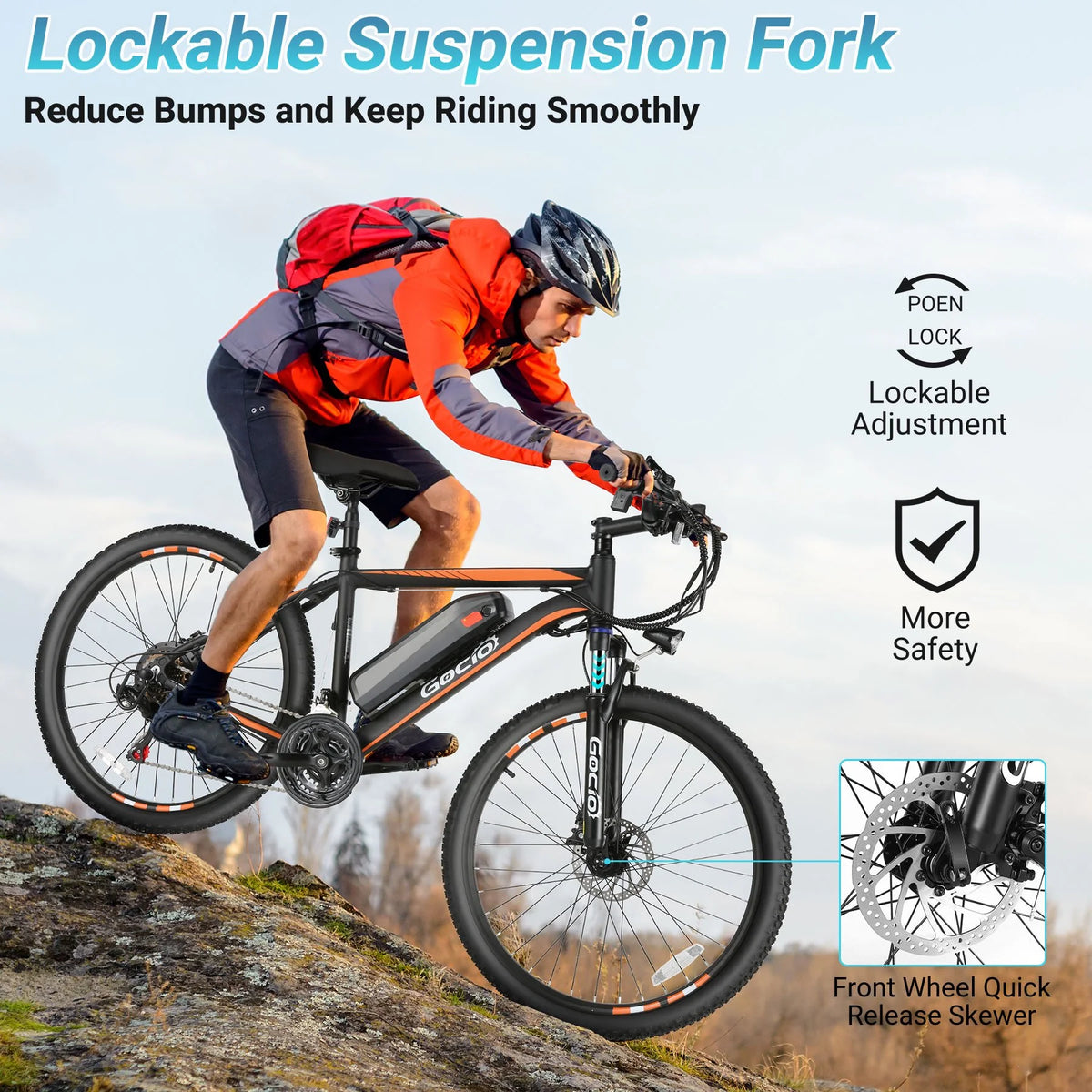 Gocio 26" Electric Bike for Adults, 500W Electric Mountain Bike, 48V 7.8Ah Removable Battery, Ebike with Front Fork Suspension, 21 Speed, UL 2849