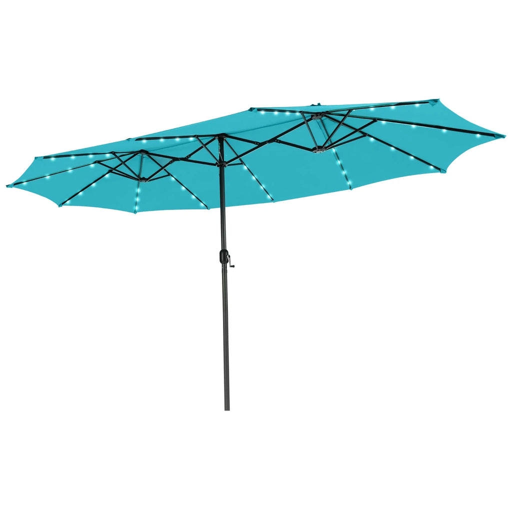Costway 15FT Twin Patio Double-Sided Umbrella 48 Solar LED Lights Crank Outdoor Beige