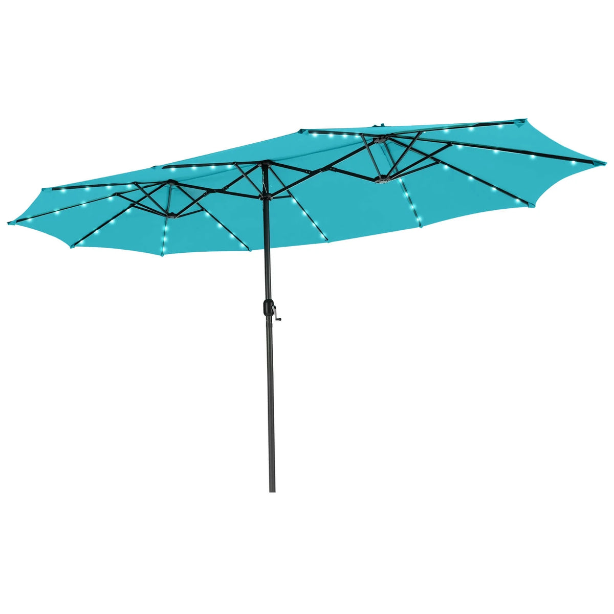 Costway 15FT Twin Patio Double-Sided Umbrella 48 Solar LED Lights Crank Outdoor Beige