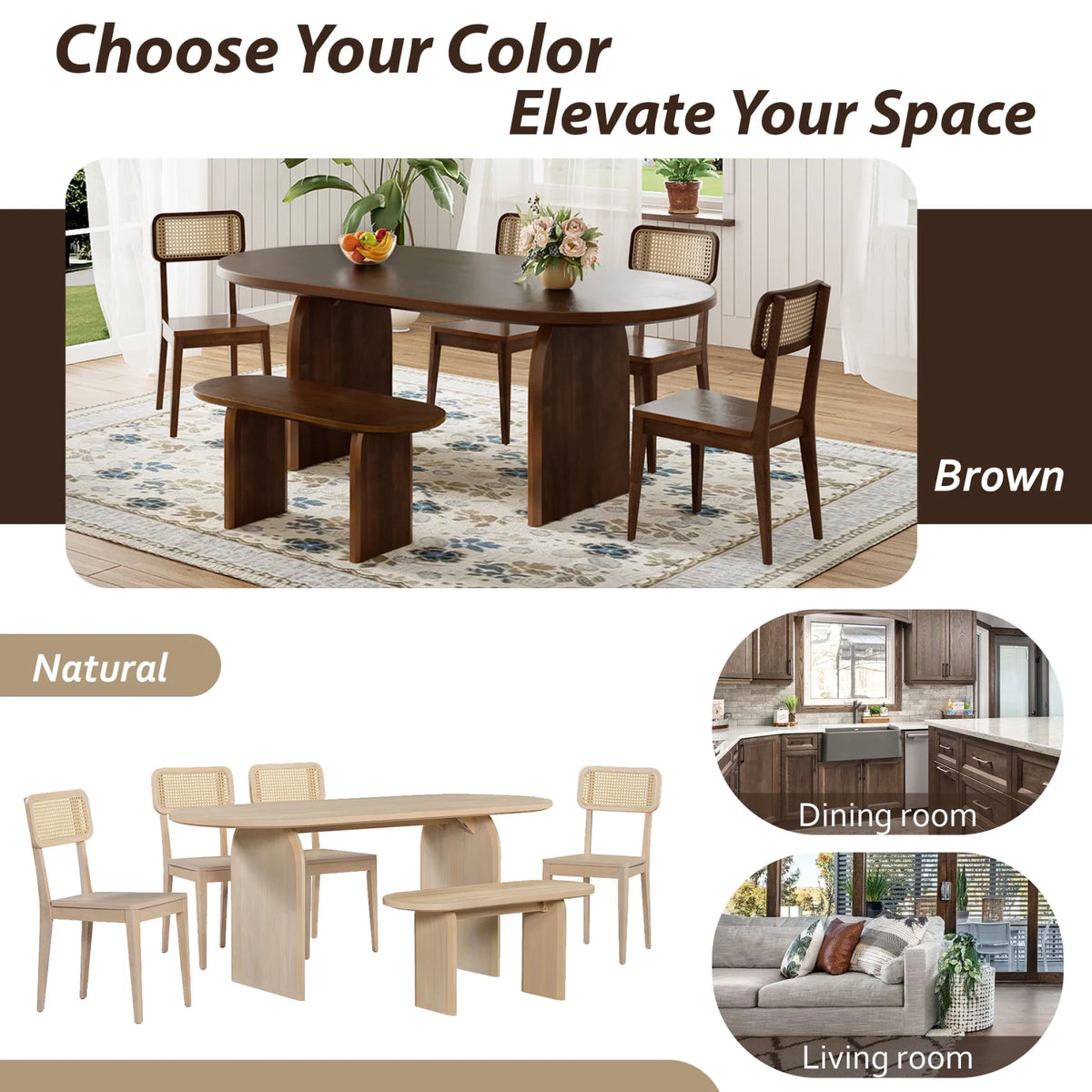 6-Piece Dining Table Set, Farmhouse Oval Kitchen Table and 4 Rattan Chairs & Bench, Rubber Wood Dining Room Set for 6, Brown