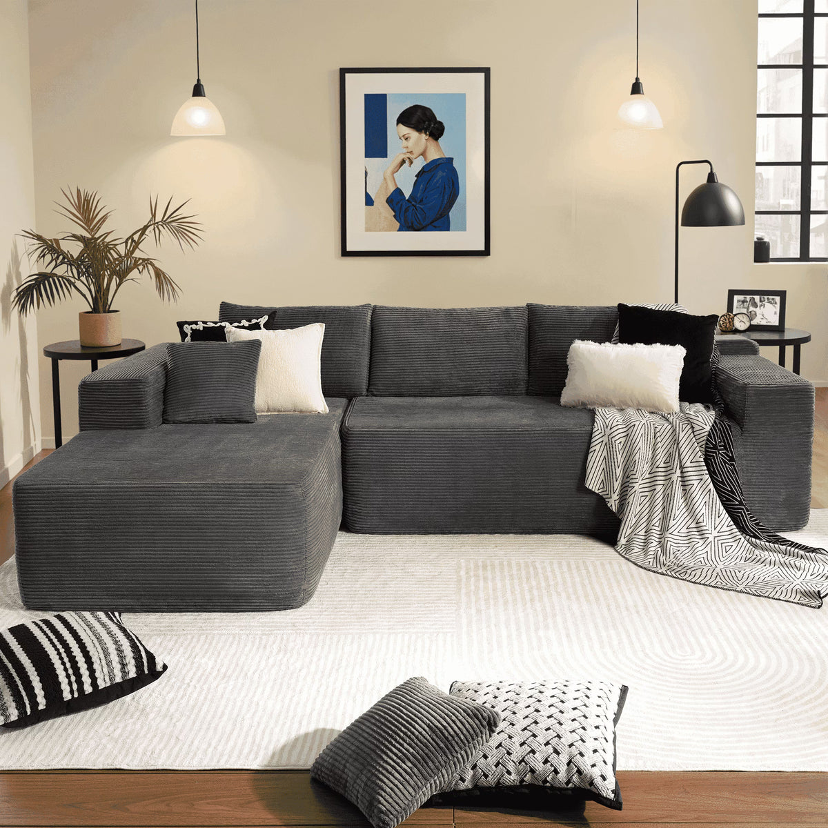 Ovios 106" L-Shaped Sectional Sofa Modern Modular Cloud Couch with Deep Seating Upholstered Sofa for Living Room Bedroom, No Assembly Required, Black(Corduroy)