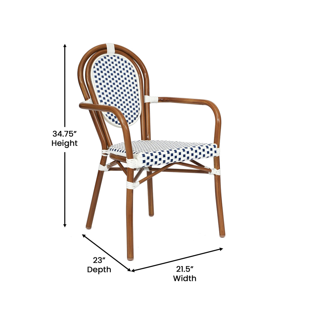 Merrick Lane Stacking Thonet French Bistro Style Chair with Arms, Black & White PE Rattan Seat, and Bamboo Finished Metal Frame for Indoor/Outdoor Use