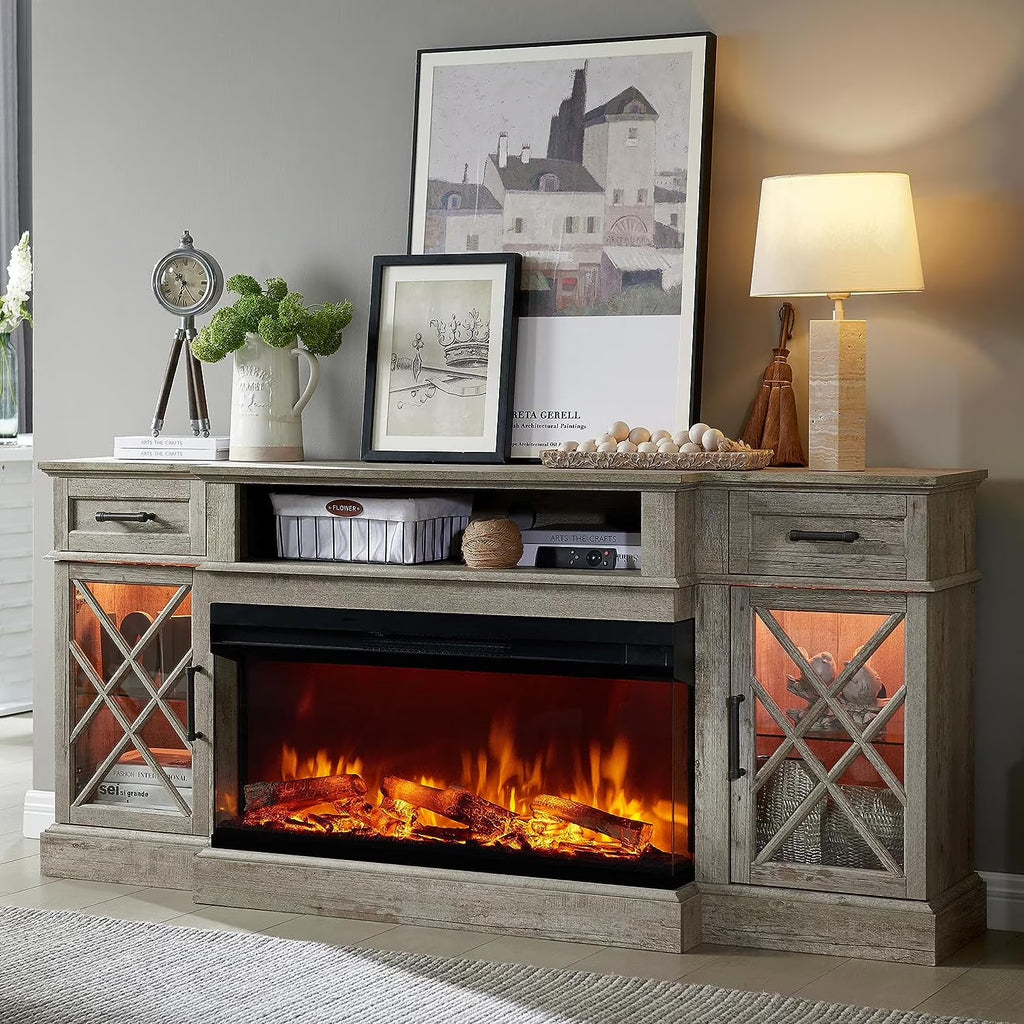 OKD Farmhouse 3-Sided Fireplace TV Stand for 80" TVs, 70" Entertainment Center with Electric Fireplace and Storage Drawers, Antique White