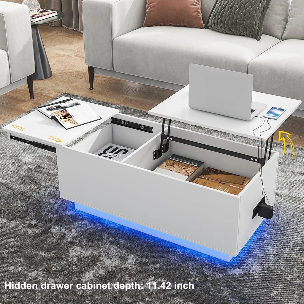 LED Coffee Table Lift Top End Table with with Charging Station and Storage Space Modern Rectangle Cocktail Tables Sofa Side Dining Table