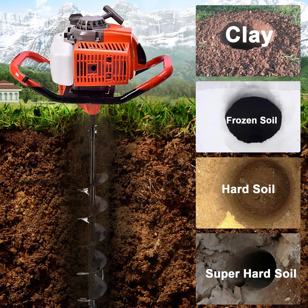 PRIJESSE Gas Powered Earth Digger Post Hole Digger with 3 Extension Rods + 3 Auger Drill Bits