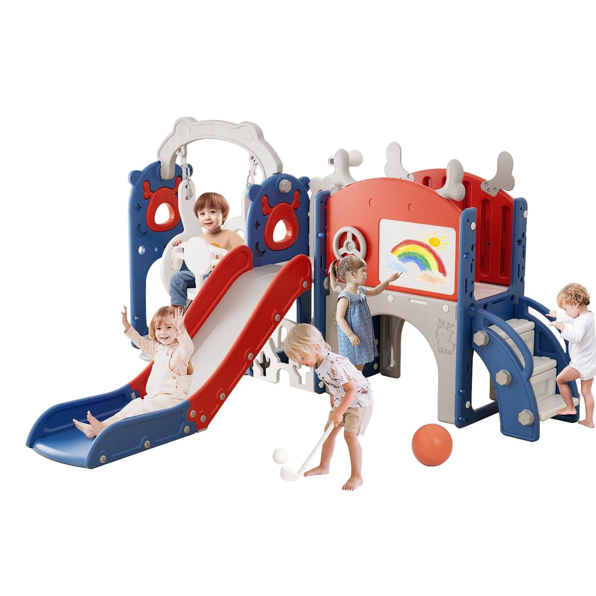 KORIMEFA 13-in-1 Toddler Slide, Kids Swing and Slide for Toddlers Age 1-4, Outdoor Indoor Playground Playset for Toddlers with Basketball Hoop and Ball Playset Telescope, Blue