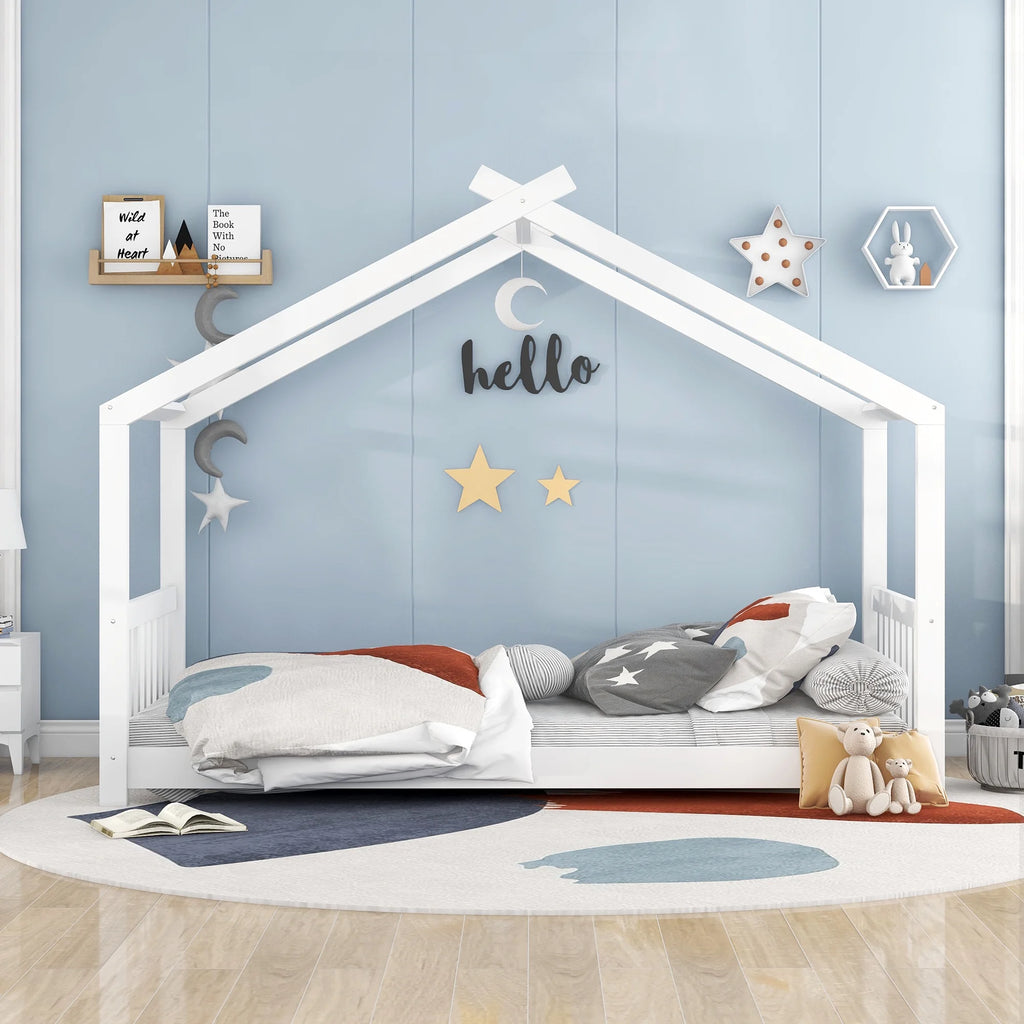 Euroco Wood House-Shaped Twin Platform Bed for Kids, Low Profile House Bed, No Box Spring Needed, Wood Color