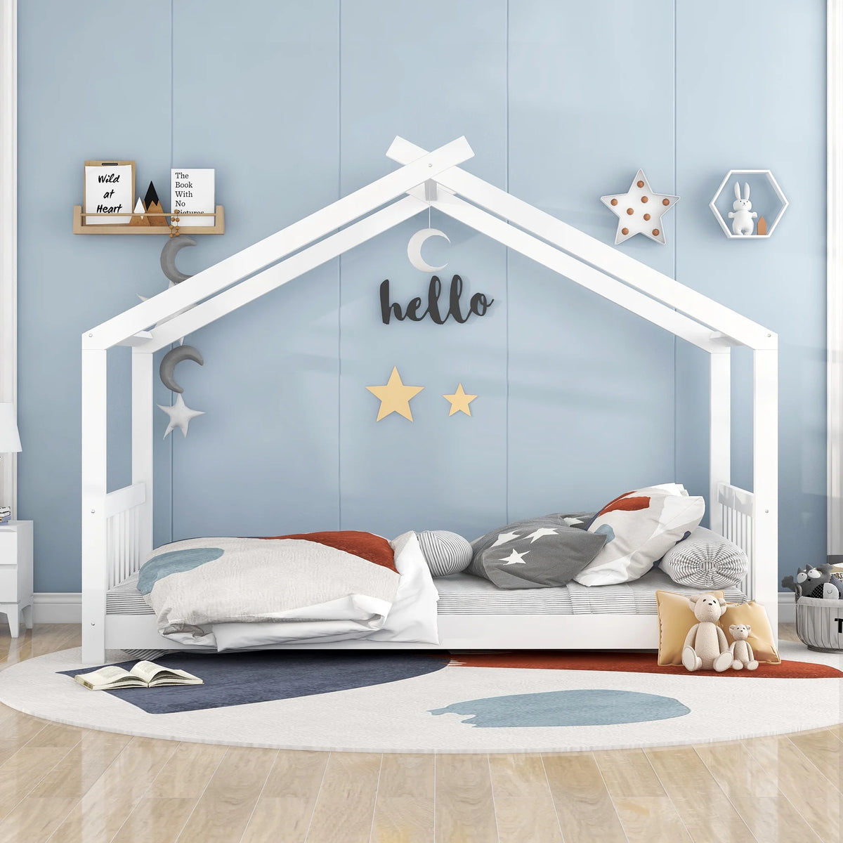 Euroco Wood House-Shaped Twin Platform Bed for Kids, Low Profile House Bed, No Box Spring Needed, Wood Color