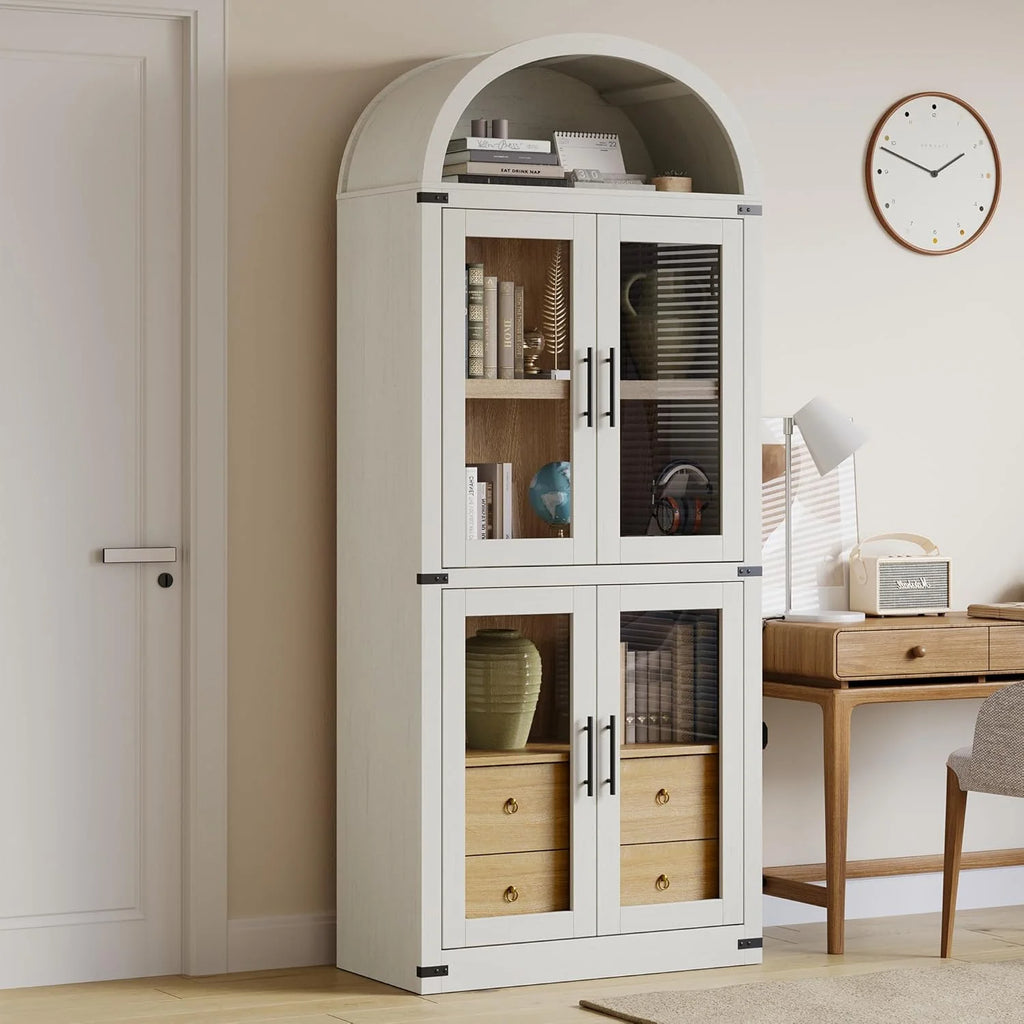 Arched Kitchen Pantry Storage Cabinet with 2 Drawers, 71-Inch Tall Farmhouse Wood Bookcase with 4 Doors for Kitchen Dining Room Bathroom