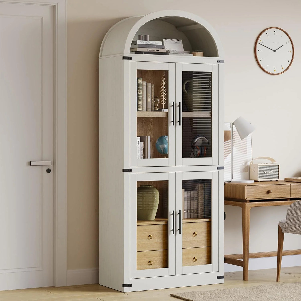 Arched Kitchen Pantry Storage Cabinet with 2 Drawers, 71-Inch Tall Farmhouse Wood Bookcase with 4 Doors for Kitchen Dining Room Bathroom