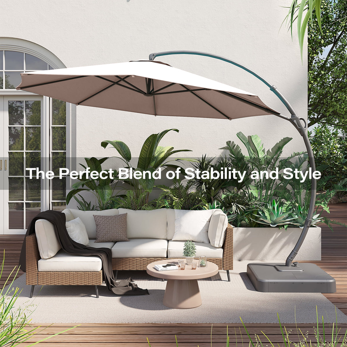LAUSAINT HOME 11FT Patio Umbrella with Base, Outdoor Deluxe Curvy Cantilever Umbrella for Patio Pool Deck, Champagne