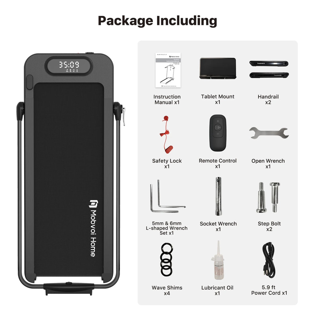 Mobvoi Home Treadmill SE 3 in 1 Folding Treadmill Walking Pad 2.5 HP Compact Portable Under Desk Running Walking Machine with Remote Control 265 LBS, Black