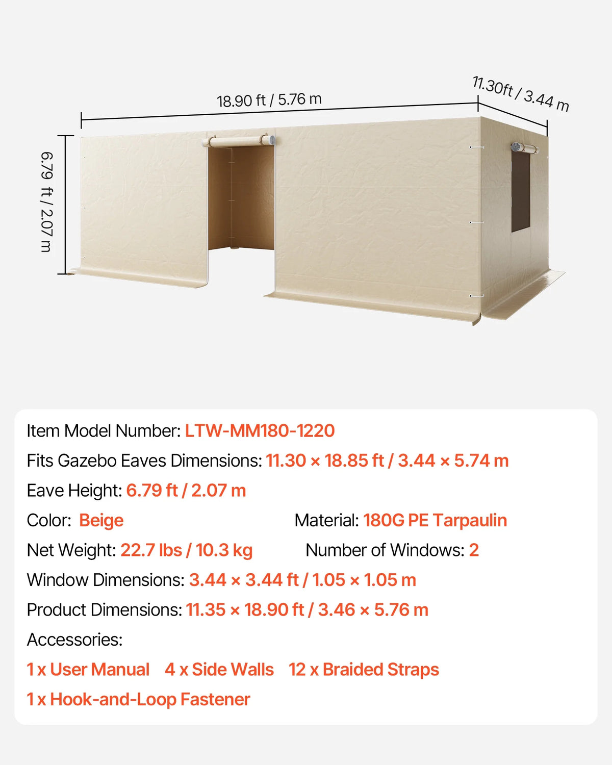 VEVOR Gazebo Sidewall Fits 12 x 20 ft Gazebos, 4-Panel Winter Cover Side Walls for Hardtop Gazebo, High-Density PE Material, All Weather Outdoor Cover with Mesh Windows, Gazebos not Included