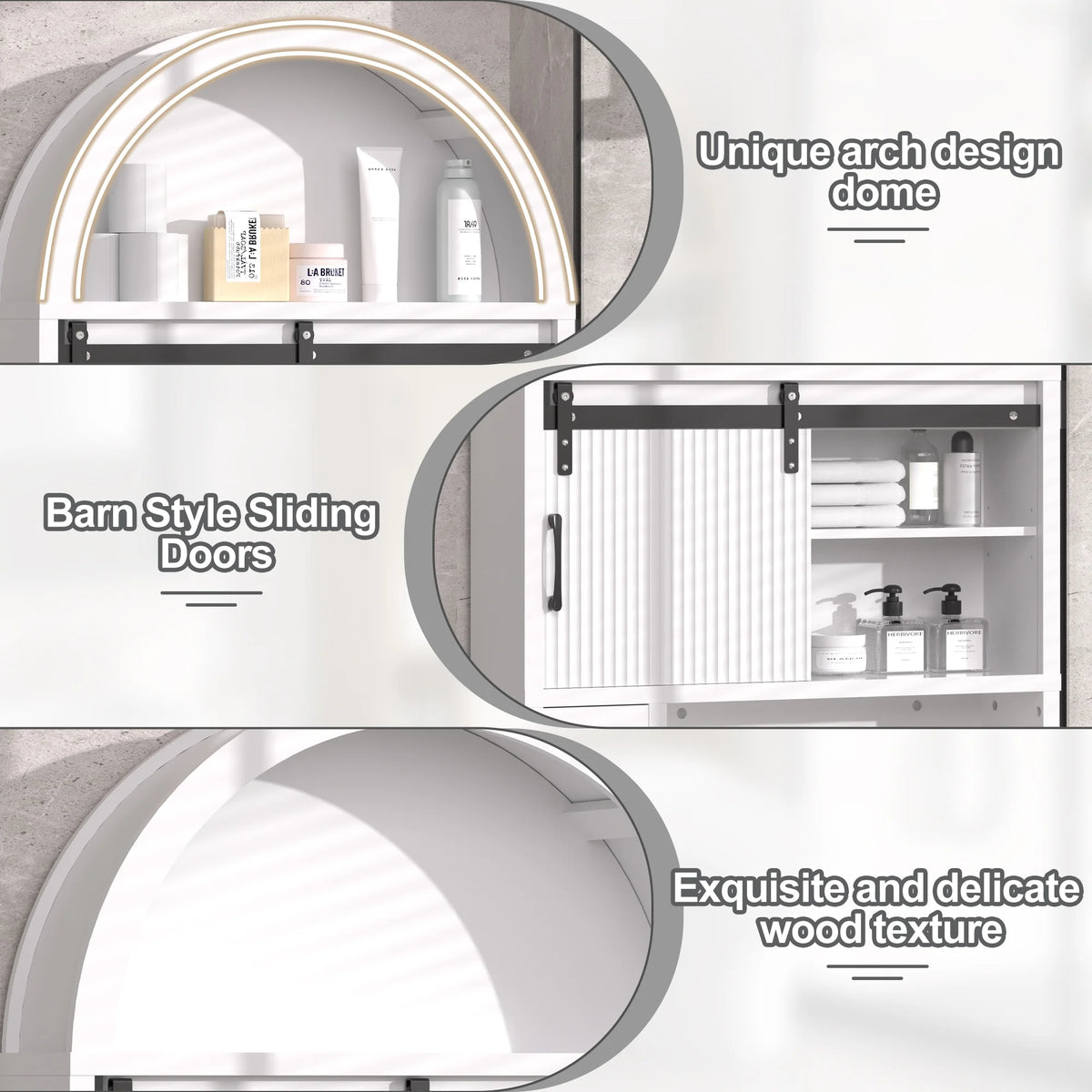 HARIPUL Over The Toilet Storage Cabinet w/ Unique Wood Grain & Arc Design, Freestanding Bathroom Shelf Organizer Space Saver w/ Doors & Anti-Tip Device, Wood Color