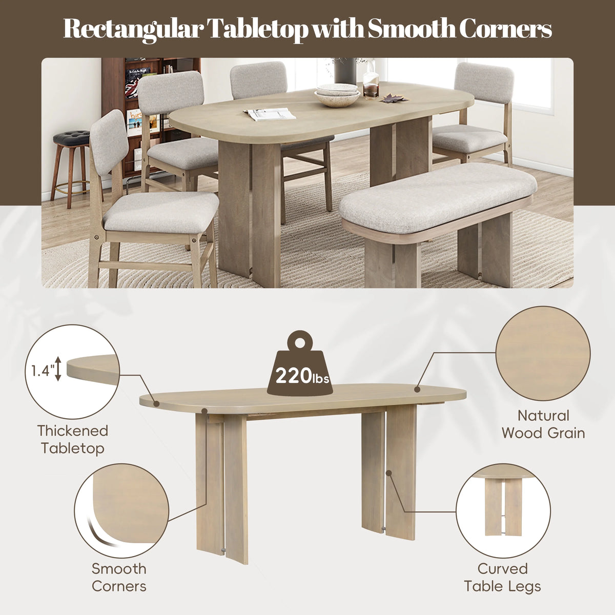 EUROCO 6-Piece Dining Table Set for 6, Rectangular Kitchen Table Set with Wood Frame, 4 Chairs and 1 Bench for Kitchen Dining Room Office,Natural