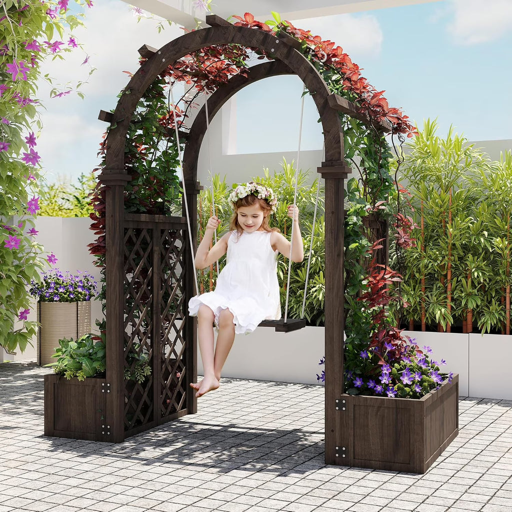 Wooden Garden Arbor with Planter&Swing,Outdoor Arbor Trellis for Climbing Plants, Roses, Vines, Outside Pergola Planter, Garden Arch for Lawn Backyard Wedding Ceremony Bridal Party